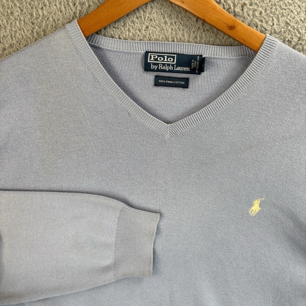 Polo Ralph Lauren Sweater Mens 2XL Light Blue Yellow Pony V Neck Cotton‎ Preppy